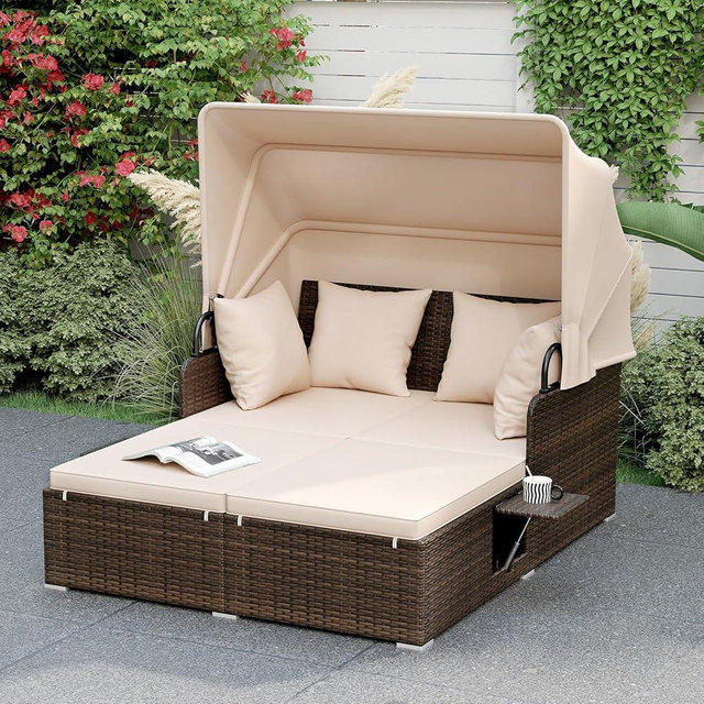 RELAX4LIFE Patio Outdoor Daybed with Canopy, Wicker Rattan Sunbed w/Cushions, 4 Pillows & 2 Retractable Side Trays, 2-Person Lounge Bed Conversation for Poolside Porch Garden (Mix Brown-Beige)
