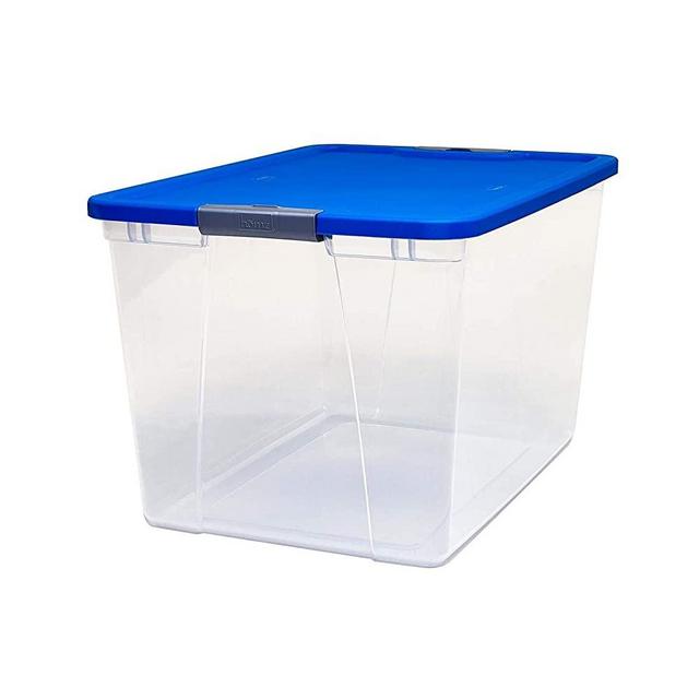 Homz 64 Quart Secured Seal Latch Extra Large Single Clear Stackable Storage Container Tote with Blue Lid for Home, Garage, or Basement (2 Pack)