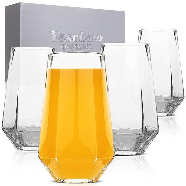 Large Beer Mugs, Hexagon Beer Glass, Hexagonal Juice Glass, Glass 4 Piece Set, Beer Mug Drinking Glass Bulk, Suitable for Beer, Soda, Ice Coffee, Smoothies, Cocktails