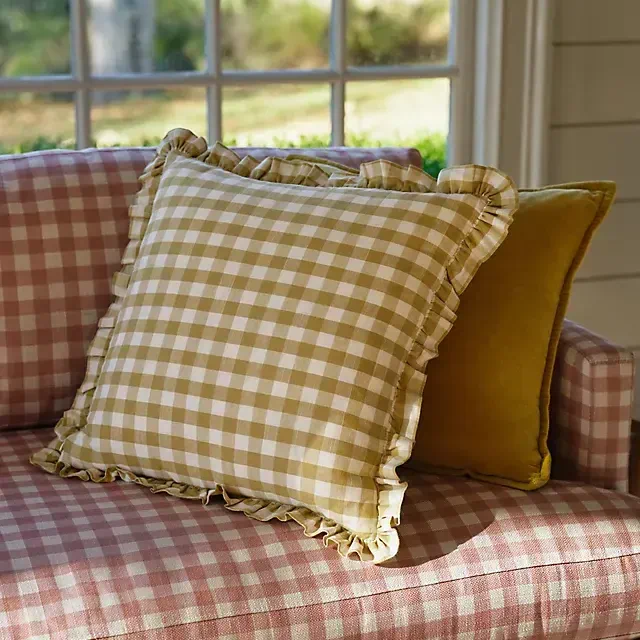 Ana Cotton Gingham Printed Ruffle Pillow