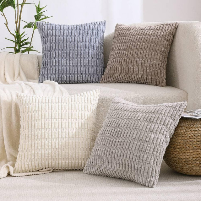 All Smiles Decorative Throw Pillow Covers 18x18 Set of 4 Neutral Farmhouse Rustic Boho Home Decor Soft Plush Striped Corduroy Square Cushion Case for Living Room Couch Bed Sofa
