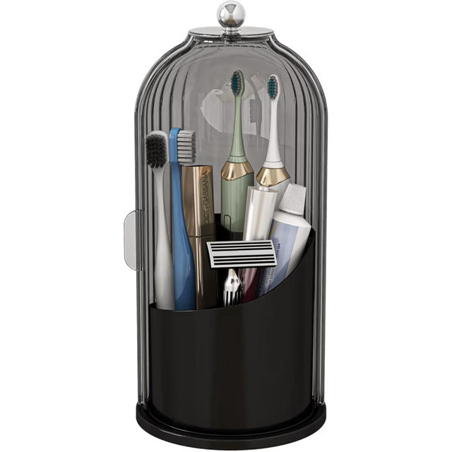 Dustproof Toothbrush Holders with Cover, Rotating Electric Toothbrush and Toothpaste Holder for Bathroom Countertop, 3 Slots Makeup Brushes Organizer, Grey Black