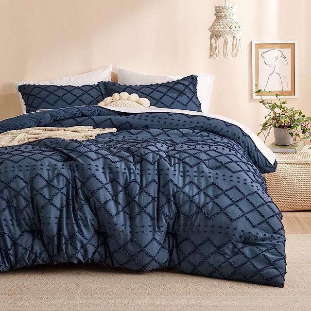 Bedsure Boho Comforter Set Queen - Navy Tufted Shabby Chic Bedding Comforter Set for All Seasons, 3 Pieces Western Comforter Set, Farmhouse Modern Bed Set, Spring Bedding for Women Men Girls