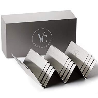 Premium Stainless Steel Taco Holder Stand Set of 4 - Metal Taco Holders Rack - Dishwasher, Oven, Grill Safe - Practical, Convenient Taco Rack For 12 Taco Shells - Stylish Taco Shell Serving Tray Pack