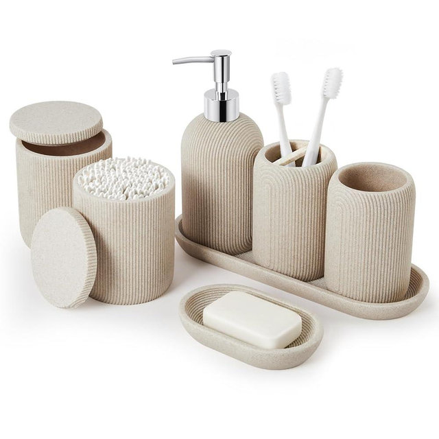 Bathroom Accessories Set - 7-Piece Resin Bathroom Set, Toothbrush Holders for Bathrooms, Soap Dispenser, Qtip Holder Dispenser, Tumbler, Soap Dish & Tray（Beige