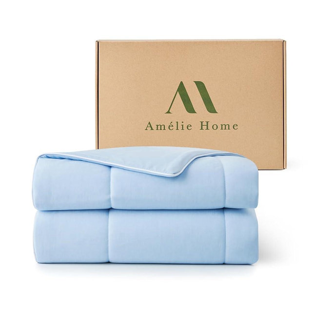 Amélie Home Cooling Comforter Queen Size, Reversible Lightweight Cooling Blanket for Hot Sleepers, Q-Max 0.43 Summer Breathable Cooling Quilt for Night Sweats, 90" x 90", Heather Ice Blue