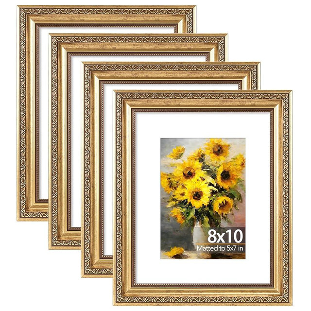 JCJMY 8x10 Vintage Picture Frame with 5x7 Mat Set of 4, Elegant Retro 8 by 10 Photo Frame with Shatter-Resistant Plexiglass for Wall or Tabletop Display, Gallery Decor & Gift, Gold, 4 Pack