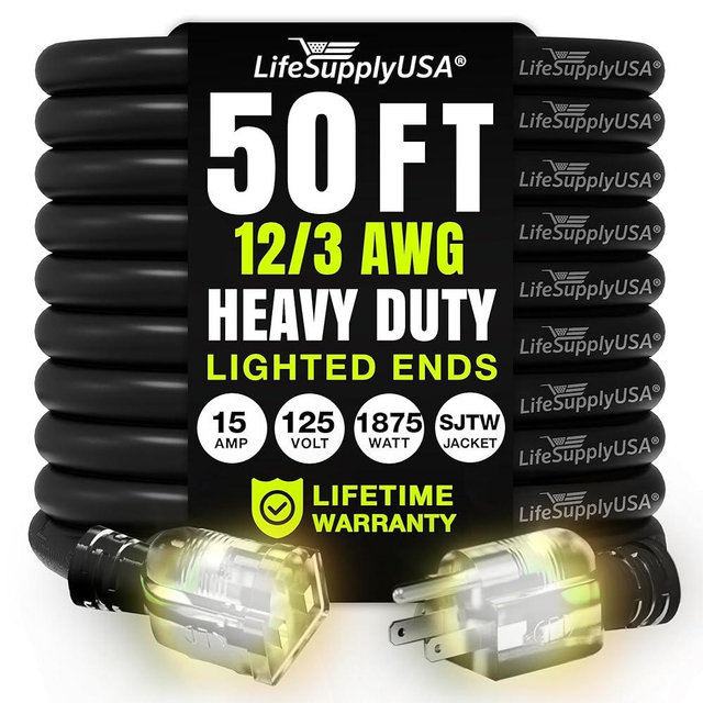 50ft Outdoor/Indoor Extension Cord 12/3 Gauge Extra Heavy Duty 3 Prong SJTW, Waterproof, Flexible Cold-Resistant Long Power Cord,15A 125V 1875W, Black by LifeSupplyUSA