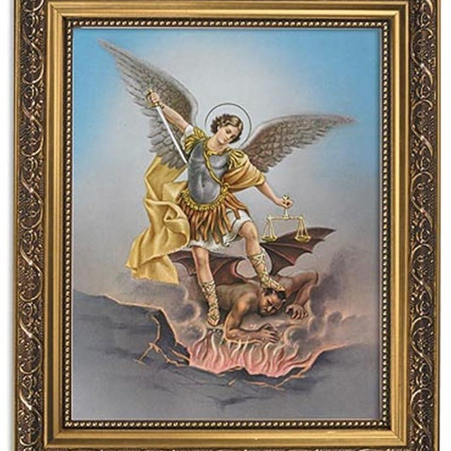 Gerffert Collection Saint Michael Catholic Framed Portrait Print, 13 Inch (Ornate Gold Tone Finish Frame)