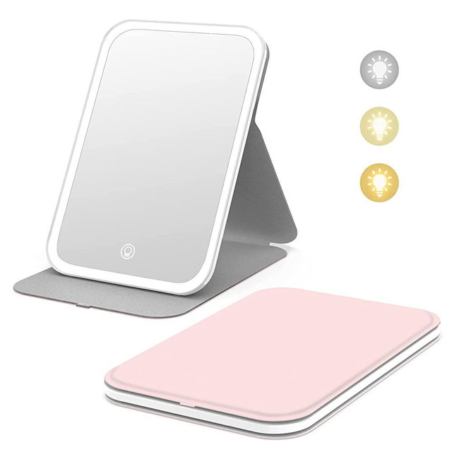 Kintion Travel Makeup Mirror, Portable LED Lighted Makeup Mirror, 360° Rotation Touch Screen Vanity Mirror, 3-Color Dimmable Lighting, Rechargeable Tabletop Folding Cosmetic Mirror with 60 Led Lights