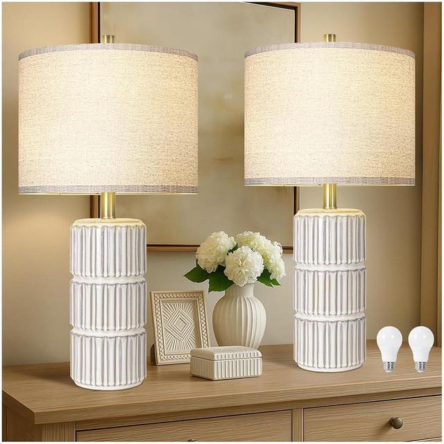 23.5" Ceramic Table Lamp Set of 2, Table Lamps for Living Room, Bedside Lamps with 3-Way Dimmable Bulb, Lamps for Night Stands with Linen Shade, Farmhouse Lamp with Rotary Switch (Bulb Included)
