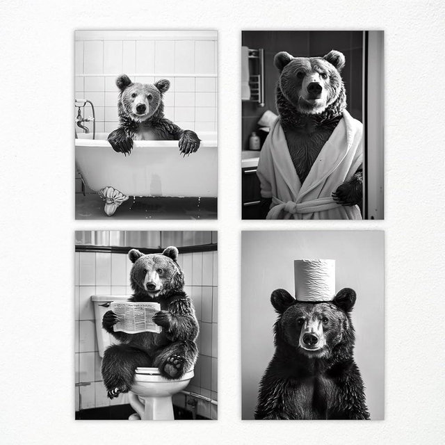 Funny Bathroom Bear Canvas Wall Art, Fun Animal Bathroom Poster, Set of 4 Cute Bear on Toilet Read Newspaper Pictures Black and White Restroom Print, Bath Room Wall Decor Painting 8x12in Unframed