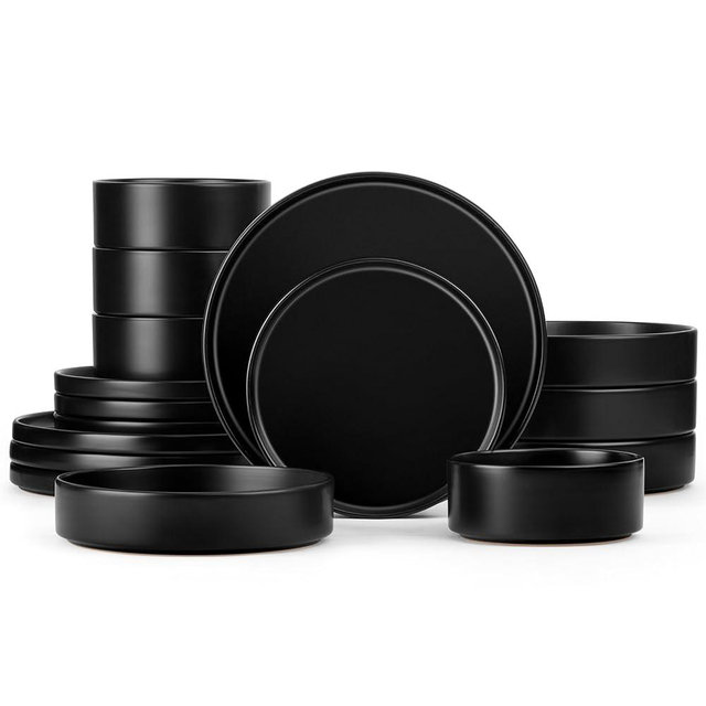 Herogo Dinnerware Sets with Pasta Bowls for 4, 16 Piece Dinner Salad Plates and Cereal Serving Bowls, Stoneware Dishes Dinner Ware for Home Kitchen, Chip & Scratch Resistant, Matte Black