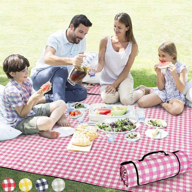 ZAZE Picnic Blanket Waterproof Sandproof, 80''x80'' 3-Layer Cute Compact Extra Large Machine Washable Foldable Beach Mat, Big XL Outdoor Blankets for Spring Summer Camping, Park, Grass(Pink and White)