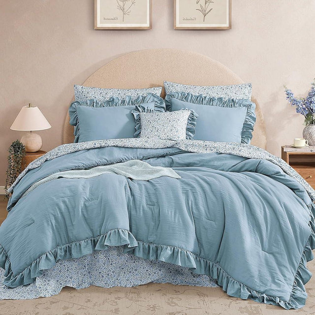 BLOOMHAVEN Full Comforter Set - 7 Pieces Ruffle Blue Bedding Sets, Shabby Chic Farmhouse Bed in a Bag Full with Ruffle Comforter, Floral Sheets, Pillowcases & Shams