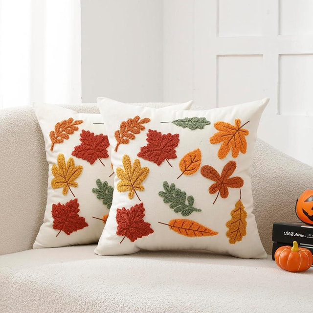 Fall Throw Pillow Covers 16x16 Set of 2, Autumn Thanksgiving Leaf Leaves Decorative Embroidery Velvet Cushion Cases Decor Home Decorations for Couch Patio Furniture Bed Room Livingroom Sofa Porch