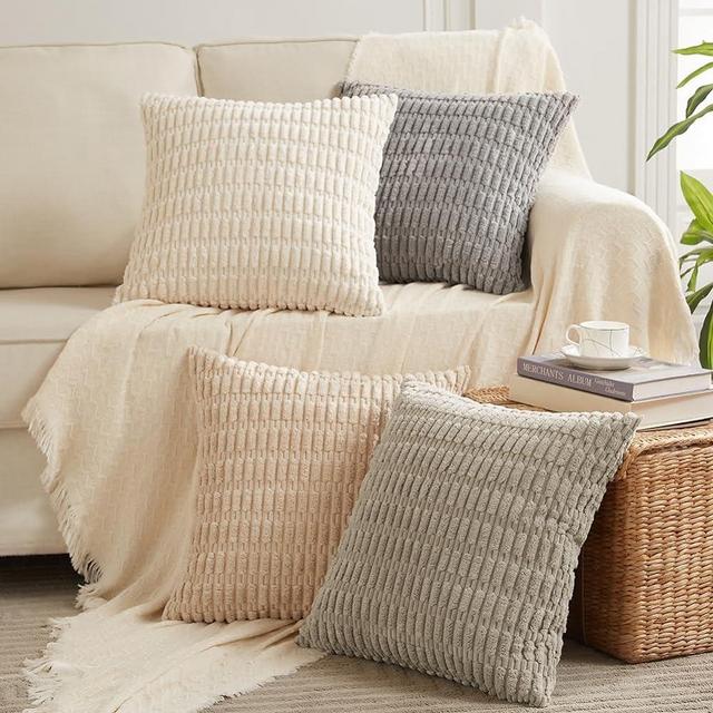 Fancy Homi 4 Packs Neutral Decorative Throw Pillow Covers 22x22 Inch for Living Room Couch Bed Sofa, Rustic Farmhouse Boho Home Decor, Soft Plush Striped Corduroy Square Cushion Case 55x55 cm