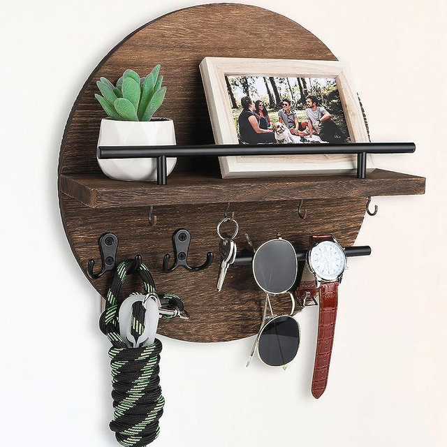 Key Holder for Wall Decorative with Shelf and Hooks, Unique Mail Organizer Wall Mount with Sunglasses Holder, Cute Circular Design Entryway Key Rack Hanger, Rustic Home Decor for Mudroom Hallway