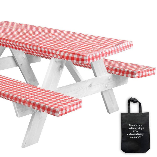 LINPRO 6ft Picnic Table Cover with Bench Covers Vinyl Fitted Picnic Table Covers with Elastic Camping Essentials and picnic tablecloth and RV Accessories with bag