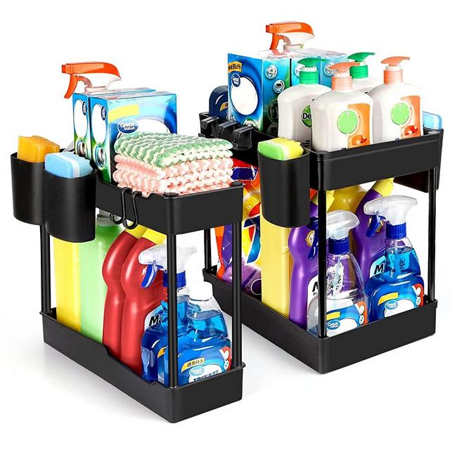 2 Pack Under Sink Organizer- Stackable 2 Size 2 Tier Bathroom Under the Sink Organizers Multi-Usage Kitchen Cabinet Organizers and Storage Under Sink Bath Shelf Baskets with Hanging 4 Cup and 5 Hooks, Under Countertop Office Home Storage Cabinets Organizer Baskets, Black