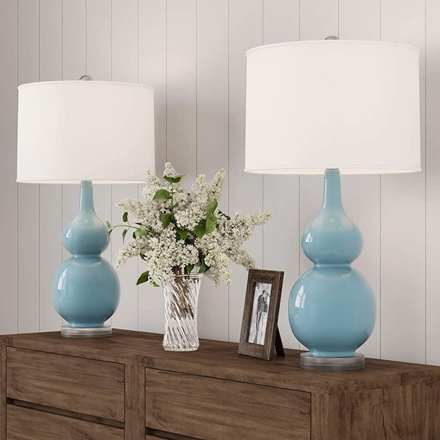 Lavish Home Table Lamps – Set of 2 Ceramic Double Gourd Vintage Style for Bedroom, Living Room or Office with Energy Efficient LED Bulbs, 14” L x 14” W x 26.25” H, Spa Blue, Ivory and Clear Acrylic