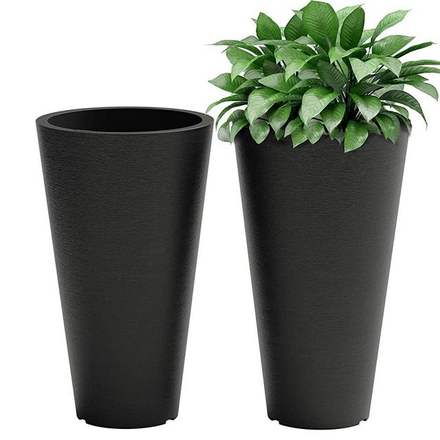 Verel Set of 2 Tall Outdoor Planters - 24 Inch Large Outdoor Planters with Small Planting Pots – Indoor and Outdoor Flower Pots for Front Door, Patio and Deck (Black)