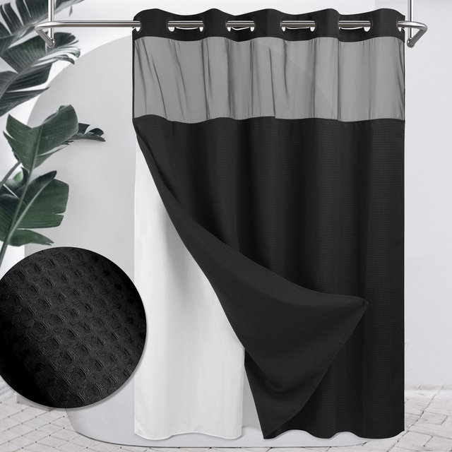 No Hook Shower Curtain with Snap in Liner, Heavyweight Waffle Fabric Bath Curtain, Hotel Grade