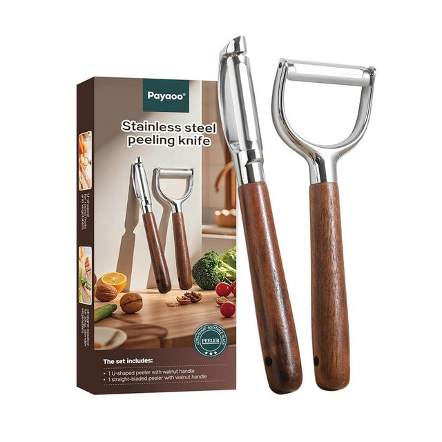 Payaoo 2-Piece Swivel Vegetable Fruit Peeler Set - Straight + U-Shaped Blades with Solid Walnut Non-Slip Handles, Easy Peeling (Apples, Pears, Potatoes, Carrots, Cucumbers), Kitchen Tool Kit