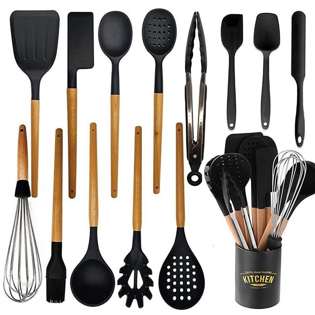 Kitchen Cooking Utensils Set, 14 Non-Stick Silicone Cooking Kitchen Utensils Spatula Set with Holder, Wooden Handle Silicone Kitchen Gadgets Utensil Set for Nonstick Cookware(Black)