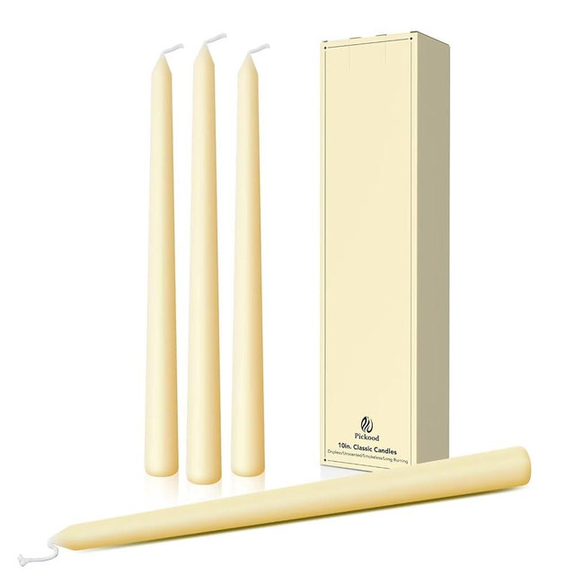 Pickood 10-Inch Tall Dripless Taper Candles Set of 4 - Ivory Tapered Candles, Perfect for Wedding,Dinner - Smokeless, Unscented, Long Burning - Hand Poured, Colored Tall Candlesticks - Cream