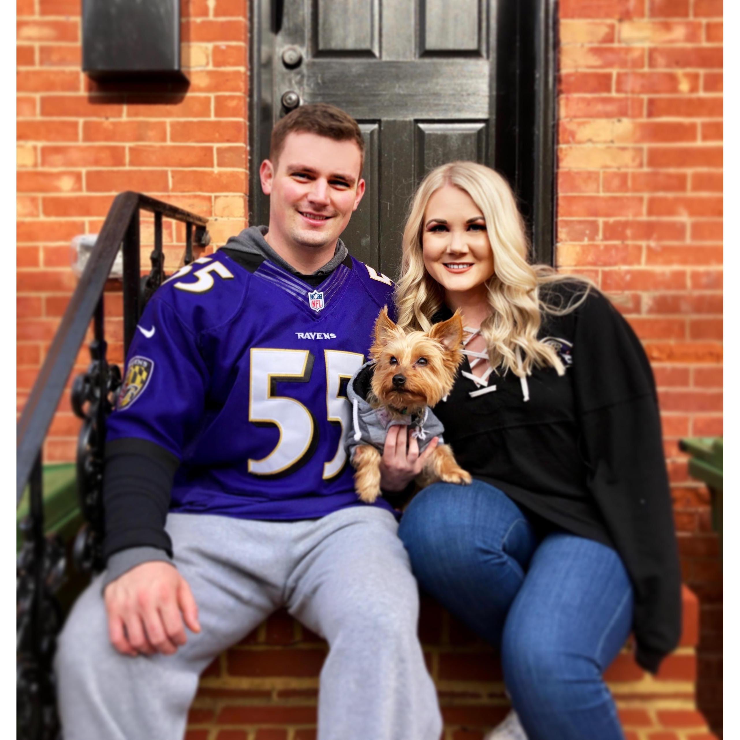 This is us in front of our house before we went to a Baltimore Raven's game.