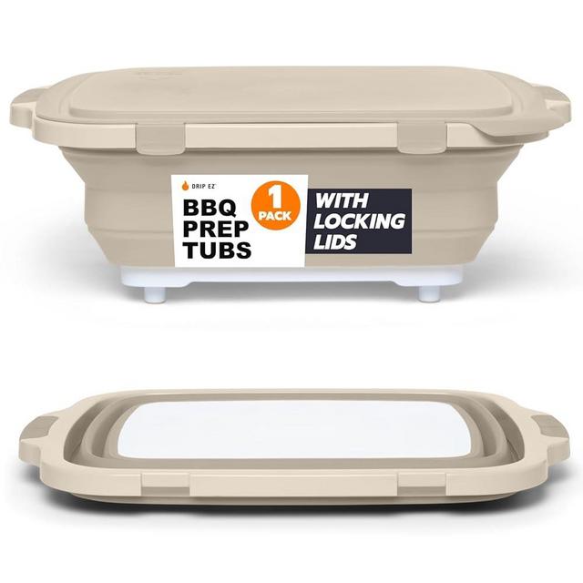 Drip EZ Collapsible BBQ Prep Tub - For Meal Prep, Marinating, Food Storage - Includes Cutting Board & Locking Lid - (1) OG - Sandstone