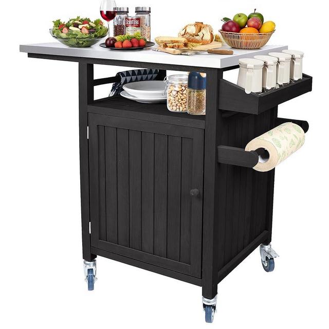 HOPEPIG Outdoor Grill Table, Solid Wood Grill Cart with Storage, Outdoor Prep Table with Stainless Steel Top, Kitchen Island for Outside, Movable BBQ Tables Cart with Lockable Wheels, Walnut