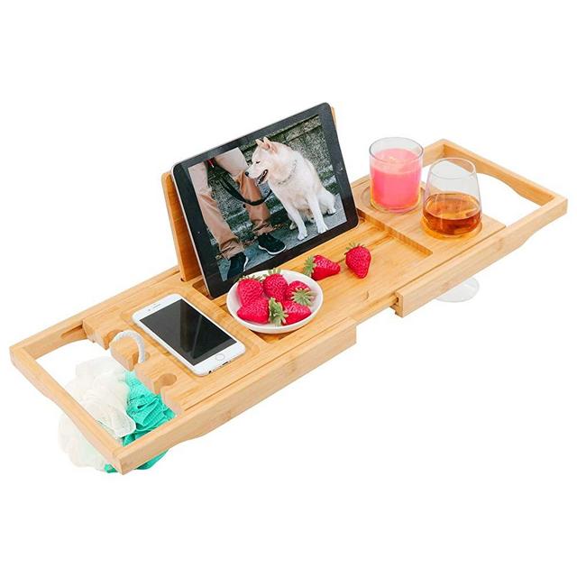 Diosbles Bathtub Caddy Tray Expandable Bamboo Bath Tub Tray Caddy Extendable Bathtub Holders Organizers with Book Ipad Holder and Phone Candle Wineglass Slots