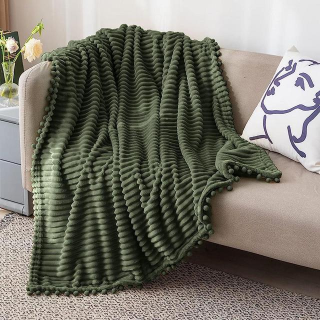 DISSA Fleece Blanket Twin Size – 60x80, Olive Green – Soft, Plush, Fluffy, Fuzzy, Warm, Cozy – Perfect Throw for Couch, Bed, Sofa - with Pompom Fringe - Flannel Blanket Throw Blanket