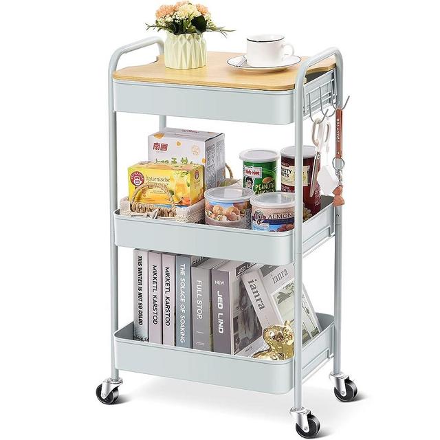 TOOLF 3-Tier Rolling Cart, Metal Utility Cart with Detachable Tray Top, Storage Craft Art Cart Trolley Organizer Serving Cart Easy Assembly for Office, Bathroom, Kitchen, Kids' Room, Classroom
