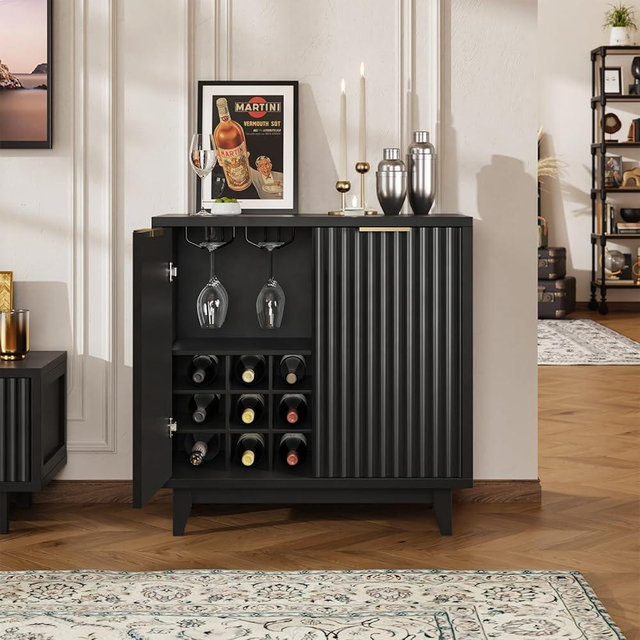 Fluted Coffee Bar Cabinet with Storage, Modern Sideboard Buffet Cabinet with Removable Wine Rack, Drawer, Adjustable Shelf, Black Liquor Cabinets for Living Room, Dining Room, Kitchen, Entryway