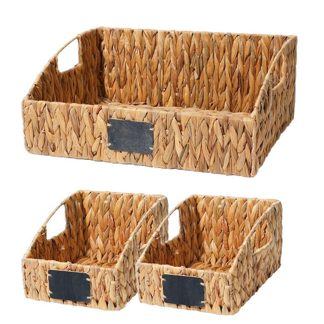 Rattanzenith Water Hyacinth Pantry Organizer Baskets, Set of 3 Woven Wicker Storage Bins with Built-In Handles & Chalkboard Label, Natural Shelf Basket for Kitchen Cabinets, Bathroom, Laundry
