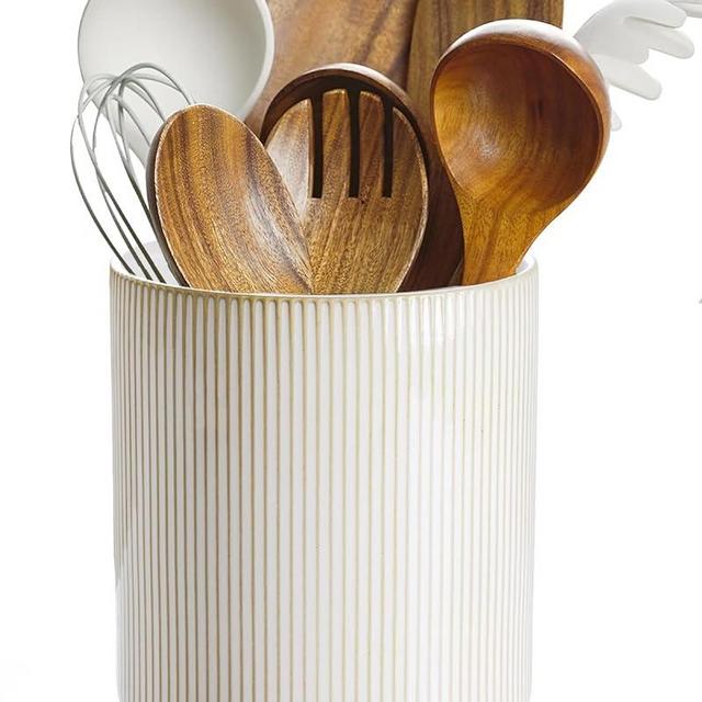 getstar Utensil Holder, Large Kitchen Utensil Holder with Cork Mat, Farmhouse Kitchen Decor, Ceramic Cooking Utensil Holder for Kitchen Counter