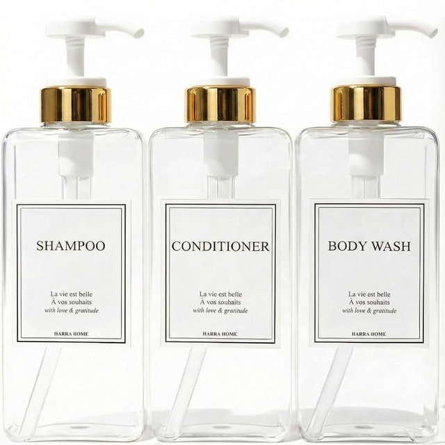 Modern Gold Design Shampoo and Conditioner Dispenser, Large 27oz Shower Soap Dispenser, Set of 3 Refillable Empty Plastic Pump Bottles for Bathroom, 6 Waterproof Labels Included, (Clear & White)