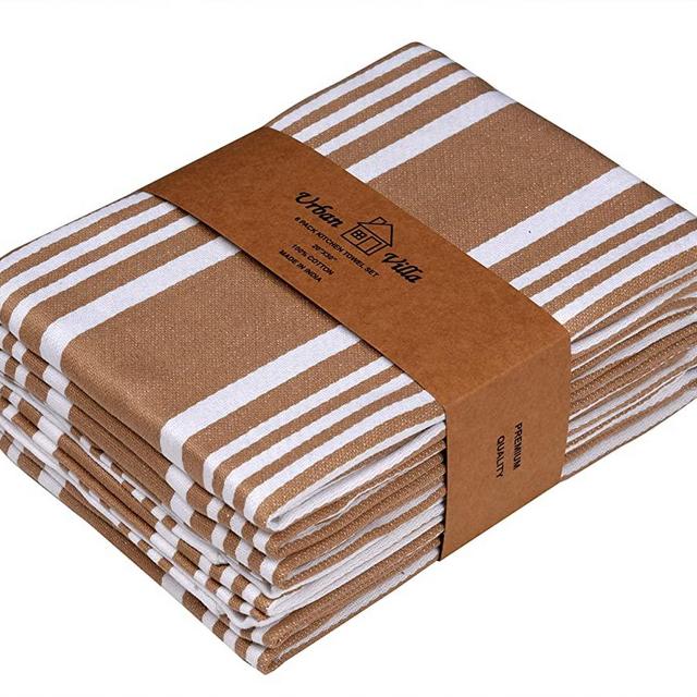 Urban Villa Kitchen Towels,Trendy Stripes, 100% Cotton Dish Towels, Mitered Corners, (Size: 20X30 Inch), Taupe/White Highly Absorbent Bar Towels & Tea Towels - (Set of 6)