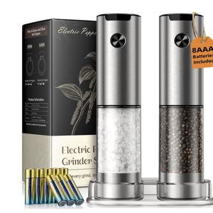 Electric Salt and Pepper Grinder Set, Battery Automatic Salt and Pepper Shaker with Adjustable Coarseness, Large Capacity Pepper Mill with LED Kitchen Appliances(Battery-Stainless Steel)