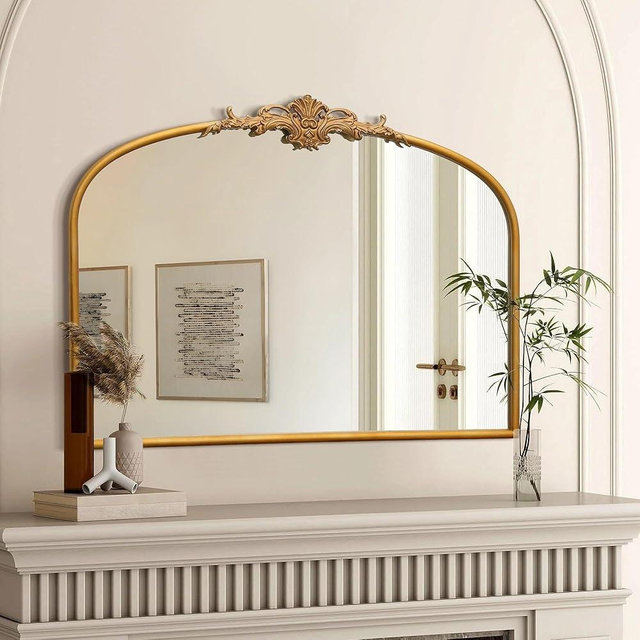 Besdomus Antique Arched Gold Mirror: 32"x24" Large Gleaming Gold Antique Wall Mounted Mirror - Baroque Traditional Ornate for Fireplace/Bathroom/Living Room - Home Decor for Homemakers
