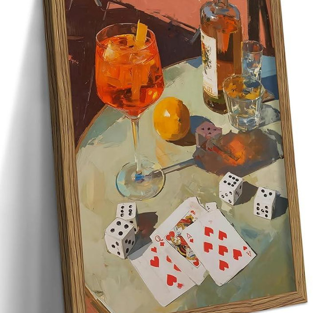 Framed Cocktail Bar Wall Art, Vintage Dice And Poker Canvas Wall Decor Painting, Whiskey Liquor Bar Still Life Artwork Poster Print Picture for Men Game Room Kitchen Dining Room Home Decor 16x24 Inch
