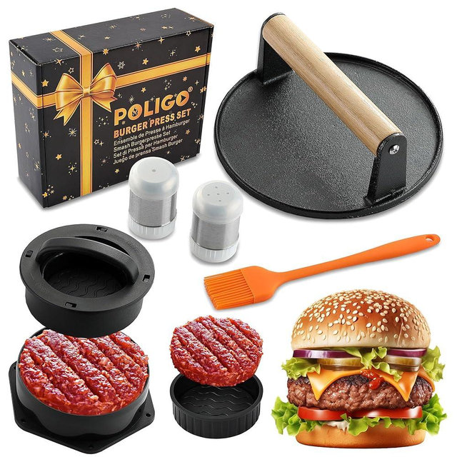 POLIGO 5PCS Smash Burger Press Kit - 4 in 1 Hamburger Patty Storage Containers,6.69" Round Cast Iron Smash Bacon Press- Non Stick Smash Burger Press Set for Grill and Griddle Cooking