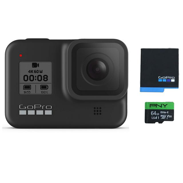 GoPro HERO8 Black Waterproof Action Camera with Touch Screen 4K Ultra HD Video 12MP Photos 1080p Live with Accessory Bundle - 1 Additional GoPro USA Batteries + PNY 64GB U3 microSDHC Card