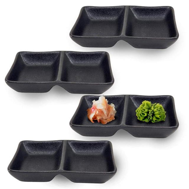 Happy Sales, Dual Sauce Bowls, Dual Dipping Bowls, Dual Sauce Dishes, Set of 4 pc (Black)