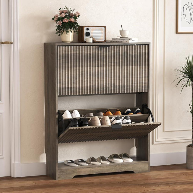 HUANLEGO Shoe Cabinet Storage for Entryway with 2 Flip Drawers, Grey Fluted Shoe Cabinet with Open Storage, Wooden Hidden Shoe Rack Freestanding Narrow Slim Shoes Organizer for Hallway, Entrance