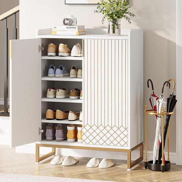 Tribesigns White, 25 Pair Shoe Cabinets with Doors, 5-Tier Modern Shoe Rack Organizer Cabinet, Freestanding Wood Storage Cabinet with Gold Metal Frame for Bedroom Hallway Living Room