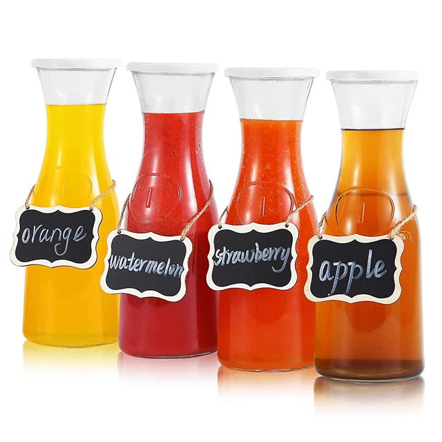 Set of 4 Glass Carafe with Lids , 1 Liter Beverage Pitcher Carafe for Mimosa Bar, Lemonade - 4 Wooden Chalkboard Tags Included